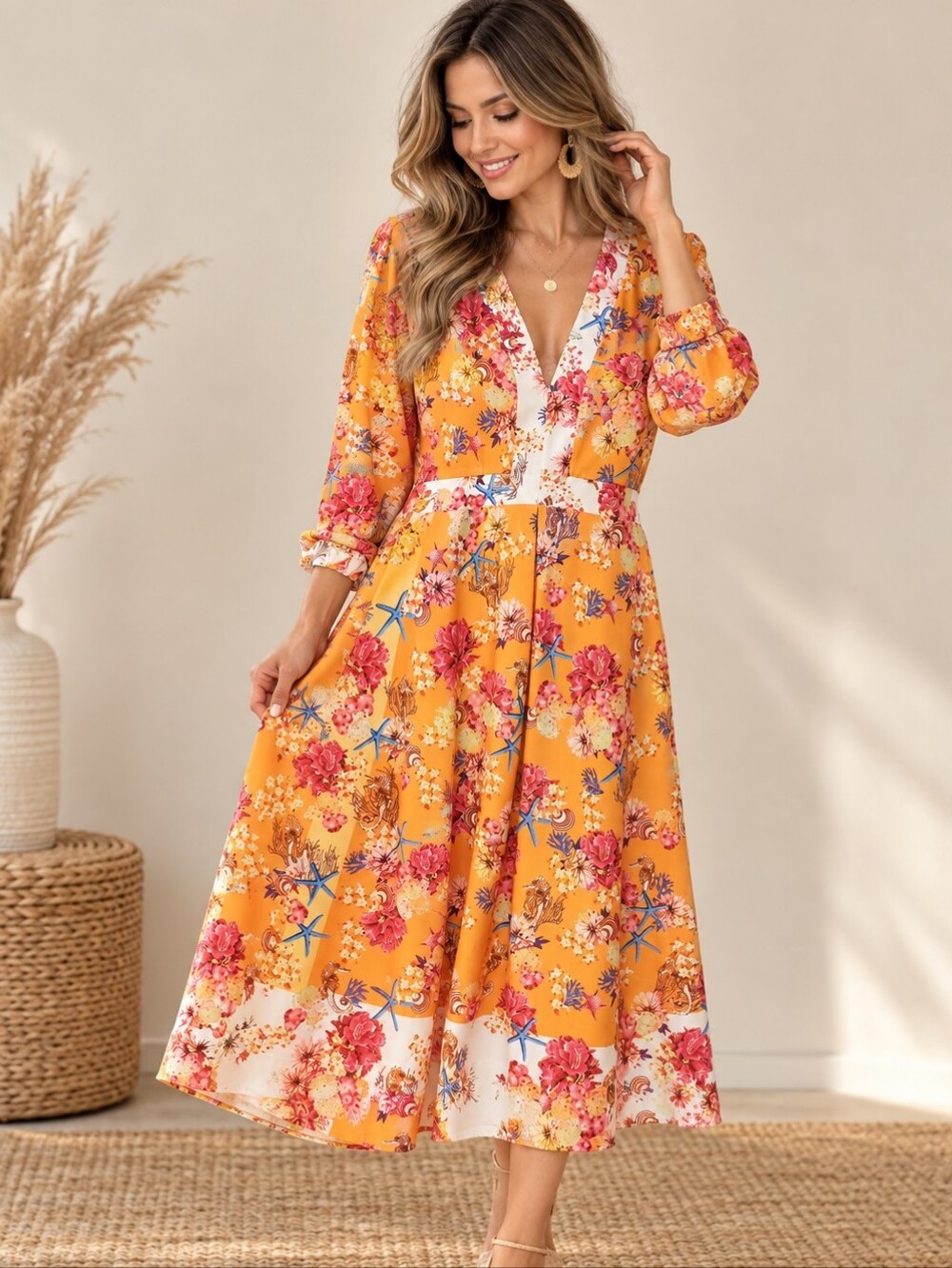 554. Hale Bob Sea Life Floral V-Neck Elastic Long Dress